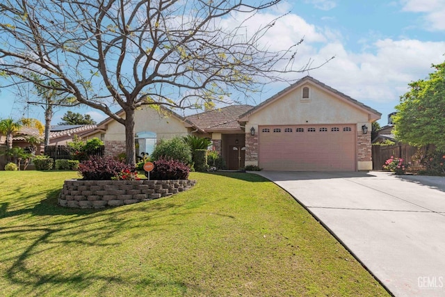 single story home with concrete driveway, stone siding, an attached garage, stucco siding, and a front lawn
