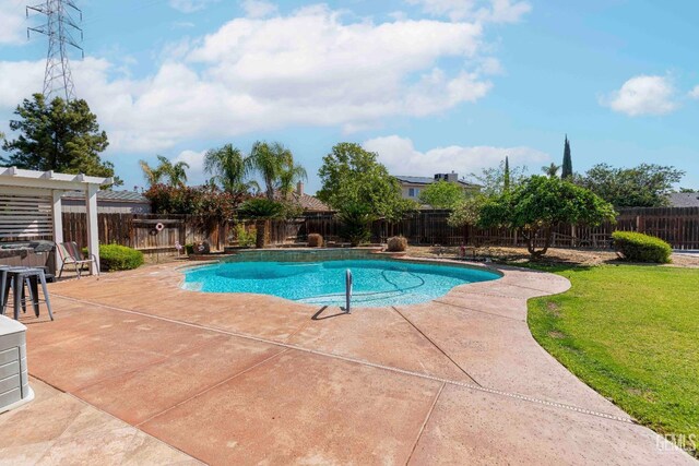 view of swimming pool featuring a fenced backyard, a patio area, a yard, and a fenced in pool