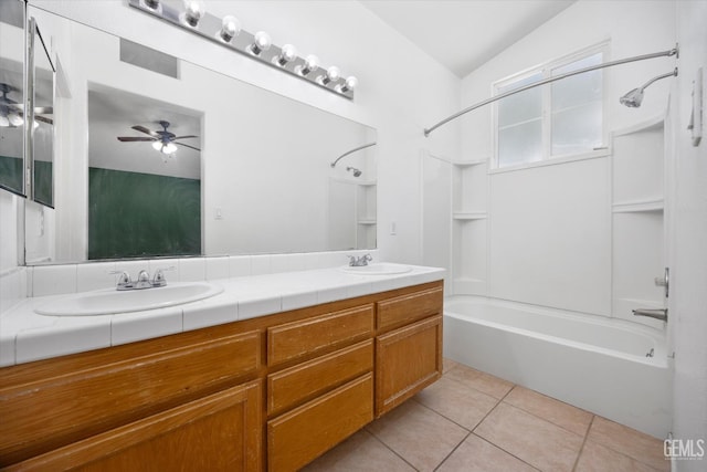 5836 S Greenhorn Mountain Ct, Bakersfield, CA 93313 - full bathroom with shower / tub combination, double vanity, tile patterned floors, and a ceiling fan