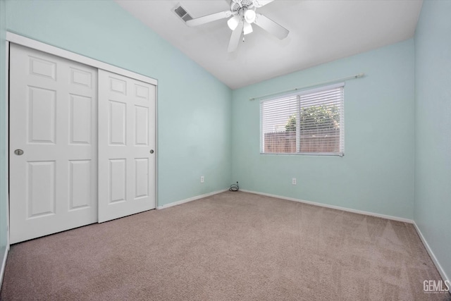 5836 S Greenhorn Mountain Ct, Bakersfield, CA 93313 - unfurnished bedroom with carpet floors, lofted ceiling, a closet, and ceiling fan