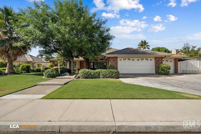 13019 Queen Palm Ct, Bakersfield, CA 93314 - single story home with an attached garage, brick siding, concrete driveway, a front lawn, and a chimney