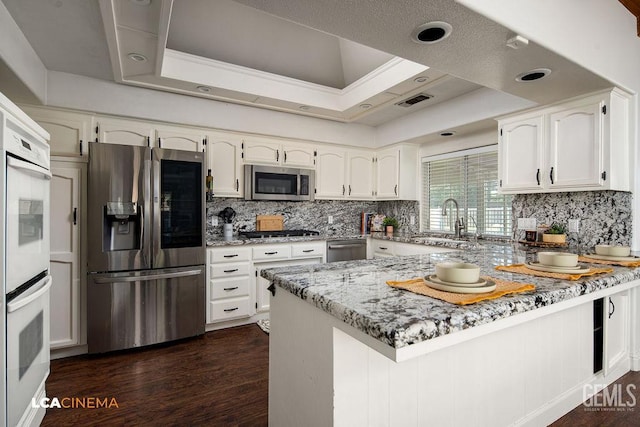 13019 Queen Palm Ct, Bakersfield, CA 93314 - kitchen with stainless steel appliances, a peninsula, light stone countertops, dark wood-style flooring, and backsplash