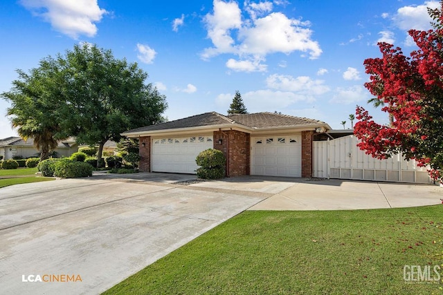 13019 Queen Palm Ct, Bakersfield, CA 93314 - ranch-style house with brick siding, driveway, a garage, a front lawn, and a tiled roof