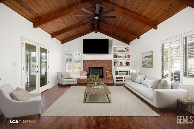 13019 Queen Palm Ct, Bakersfield, CA 93314 - living area featuring a fireplace, a ceiling fan, wood ceiling, wood finished floors, and french doors