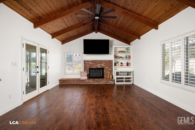 13019 Queen Palm Ct, Bakersfield, CA 93314 - unfurnished living room featuring a brick fireplace, wood finished floors, french doors, a ceiling fan, and wood ceiling