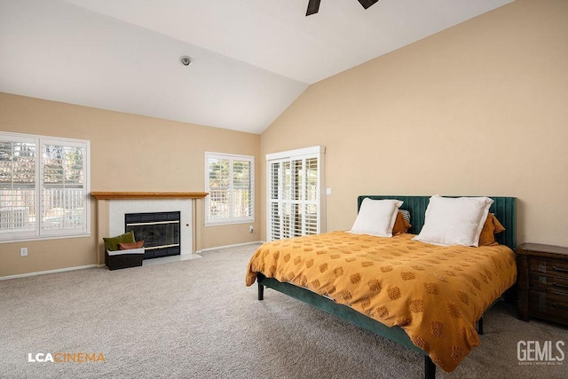 13019 Queen Palm Ct, Bakersfield, CA 93314 - bedroom featuring vaulted ceiling, a tile fireplace, carpet, and ceiling fan
