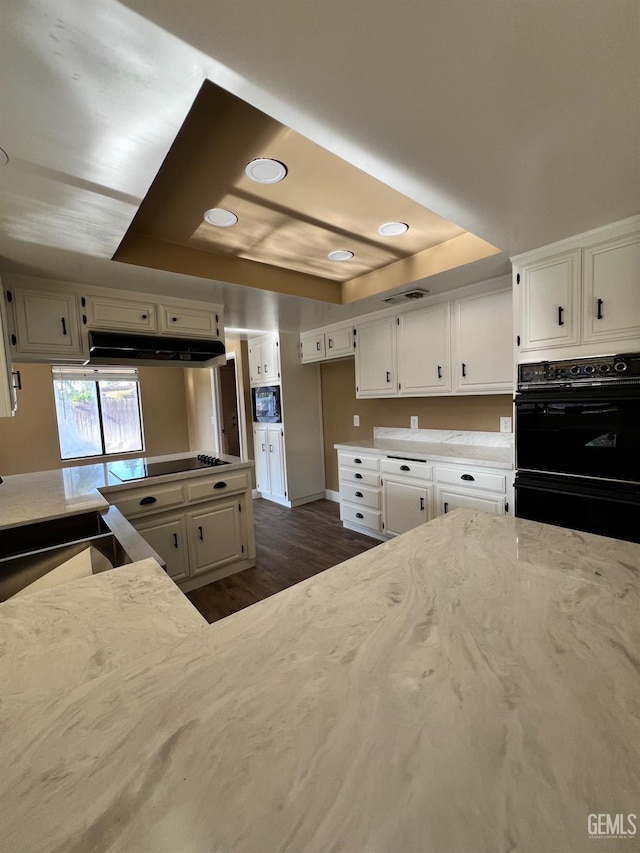 5306 Deville Ct, Bakersfield, CA 93308 - kitchen with under cabinet range hood, dark wood-type flooring, white cabinetry, a raised ceiling, and light stone countertops