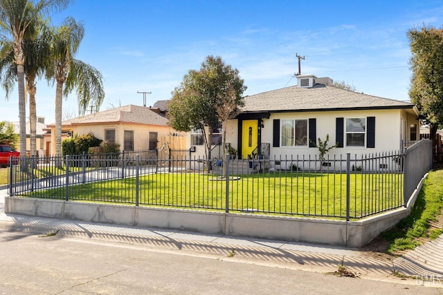 ranch-style house with a front lawn and cooling unit