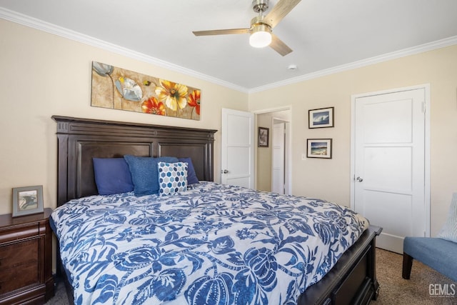 bedroom with ceiling fan, crown molding, and carpet flooring