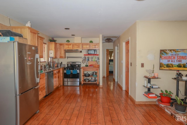 kitchen featuring light brown cabinetry, stainless steel appliances, and light hardwood / wood-style flooring