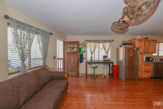 living room with dark hardwood / wood-style floors