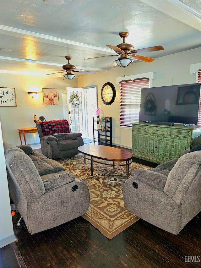 1806 Tulare St, Bakersfield, CA 93305 - living room with ceiling fan, dark wood-style floors, and baseboards