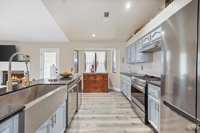 3105 Whisper Oak Way, Bakersfield, CA 93311 - kitchen featuring appliances with stainless steel finishes, under cabinet range hood, a fireplace, a sink, and light wood-type flooring