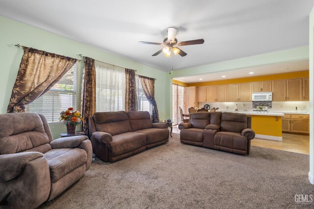 10114 Oporto Way, Bakersfield, CA 93306 - living area with a ceiling fan, light colored carpet, and recessed lighting