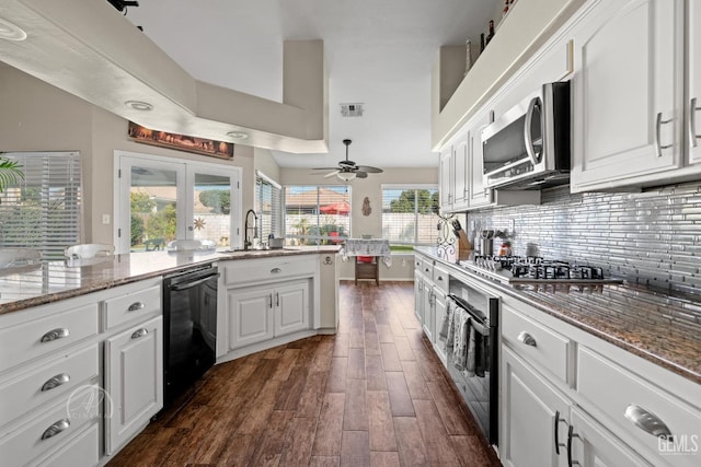 kitchen with white cabinets, appliances with stainless steel finishes, sink, stone countertops, and dark hardwood / wood-style floors