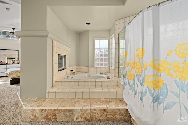 bathroom with a tile fireplace