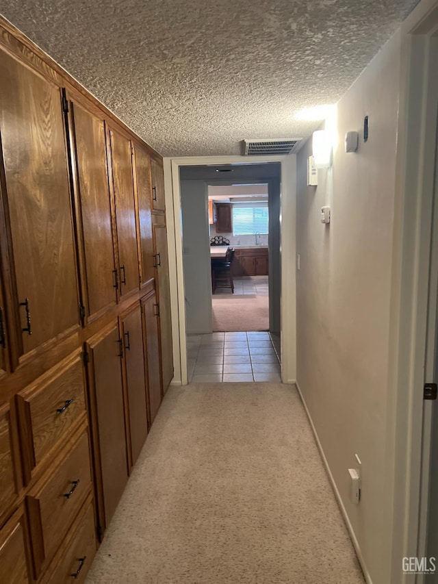 corridor with light colored carpet, sink, and a textured ceiling