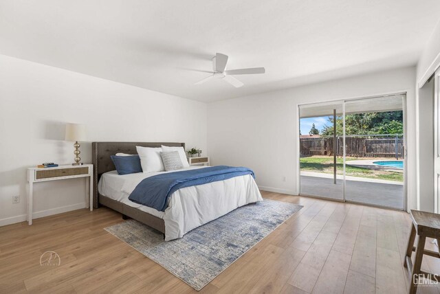 3700 Christmas Tree Ln, Bakersfield, CA 93306 - bedroom with access to exterior, light wood-type flooring, and a ceiling fan
