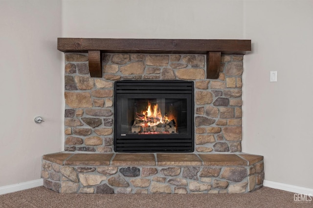 details with a fireplace and carpet flooring