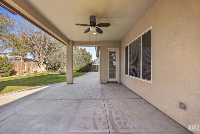 view of patio featuring ceiling fan