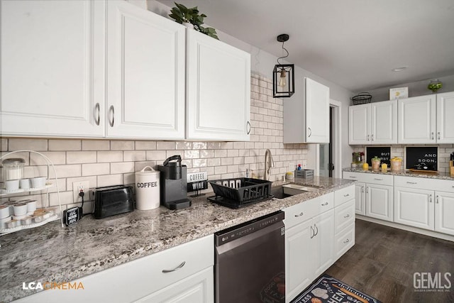 4620 Taft Hwy, Bakersfield, CA 93313 - kitchen with dishwasher, decorative backsplash, white cabinets, light stone countertops, and dark wood finished floors