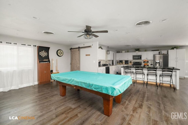 4620 Taft Hwy, Bakersfield, CA 93313 - rec room with a barn door, wood finished floors, ceiling fan, recessed lighting, and billiards table