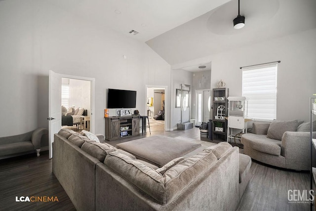 4620 Taft Hwy, Bakersfield, CA 93313 - living area featuring high vaulted ceiling, plenty of natural light, and dark wood finished floors