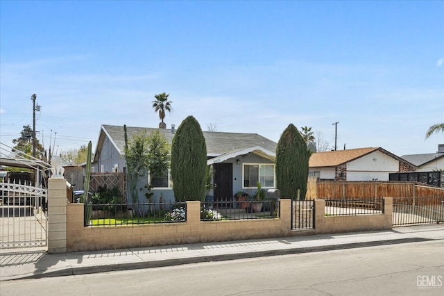 view of front of home featuring a gate and a fenced front yard