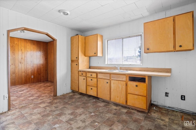 kitchen with light countertops, wooden walls, a sink, and stone finish flooring