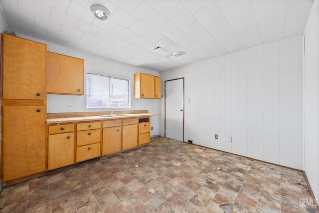 kitchen with a sink, light countertops, stone finish floor, and wooden walls