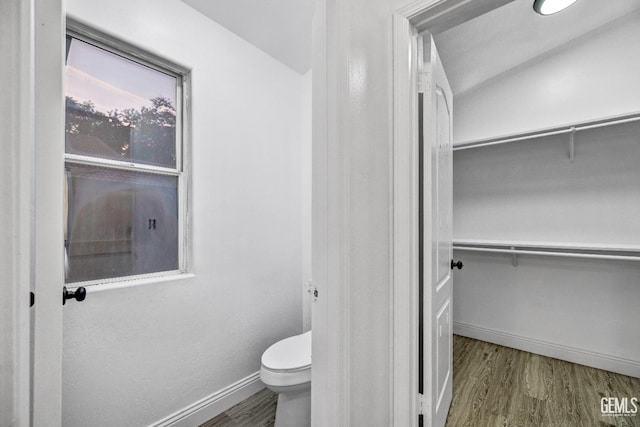 bathroom with hardwood / wood-style flooring and toilet