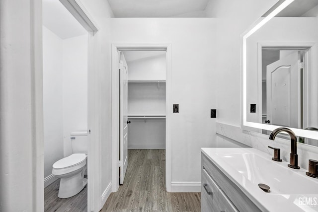 bathroom with vanity, hardwood / wood-style flooring, and toilet