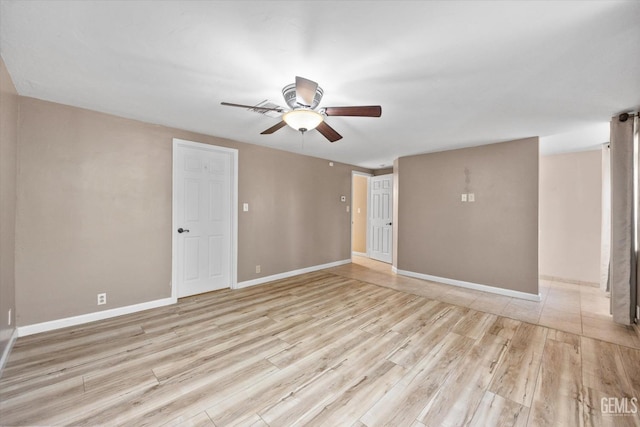 unfurnished room with ceiling fan and light hardwood / wood-style flooring