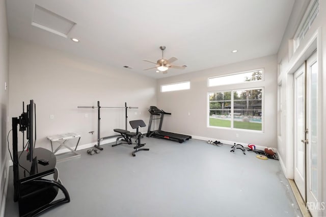 15520 Arabella Ave, Bakersfield, CA 93314 - exercise area with baseboards, visible vents, recessed lighting, and a ceiling fan