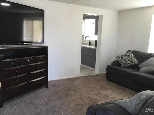 carpeted living room with sink