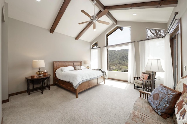 bedroom with baseboards, high vaulted ceiling, light colored carpet, and beam ceiling