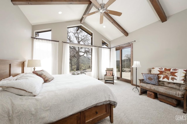 bedroom featuring vaulted ceiling with beams, ceiling fan, access to outside, and light carpet