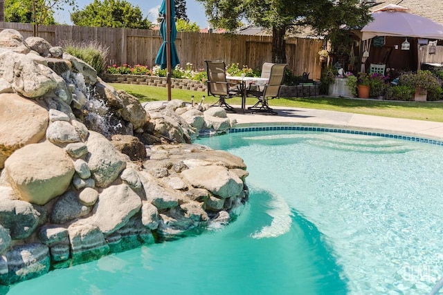 7116 Jolynn St, Bakersfield, CA 93308 - view of swimming pool featuring a patio, a gazebo, and outdoor dining space