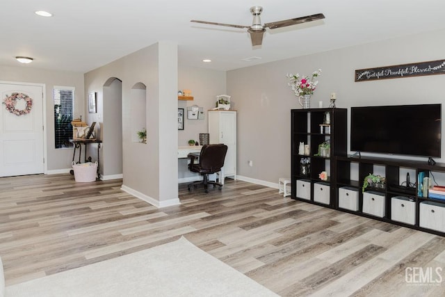 7116 Jolynn St, Bakersfield, CA 93308 - living area with wood finished floors, an office area, ceiling fan, baseboards, and recessed lighting
