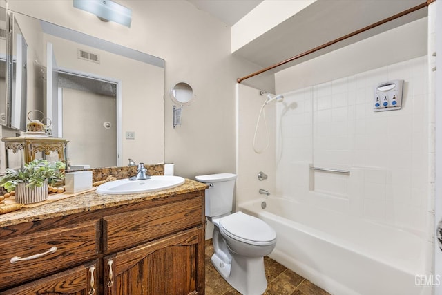 full bathroom with visible vents, toilet, shower / bath combination, and vanity