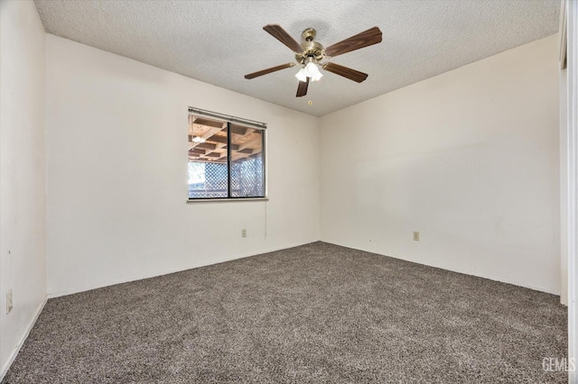 unfurnished room featuring a textured ceiling, ceiling fan, and carpet flooring