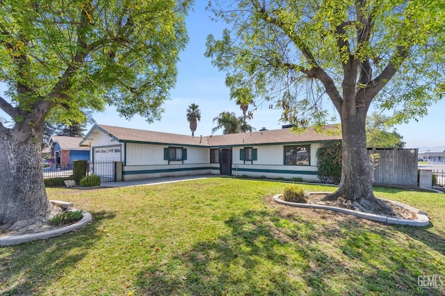 single story home with an attached garage, a front yard, and fence