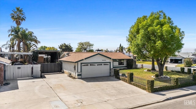 single story home with a fenced front yard, concrete driveway, a front yard, an attached garage, and a gate