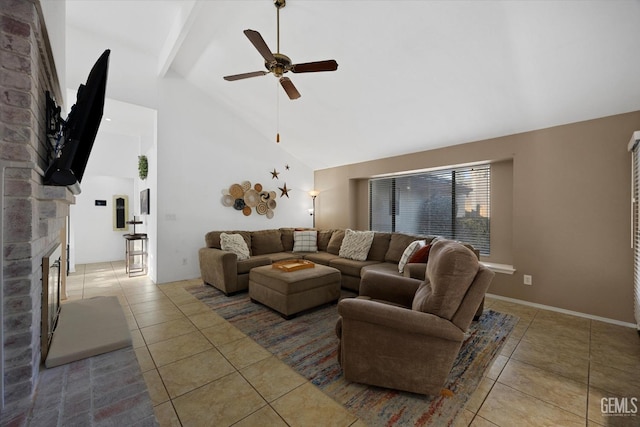 living room with tile patterned flooring, high vaulted ceiling, beamed ceiling, and a glass covered fireplace