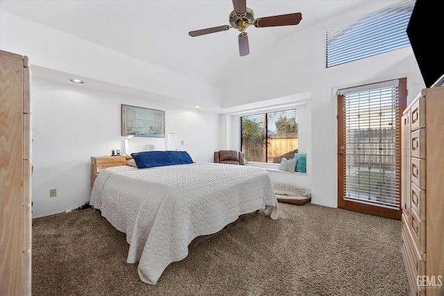 carpeted bedroom with access to exterior, recessed lighting, ceiling fan, and high vaulted ceiling