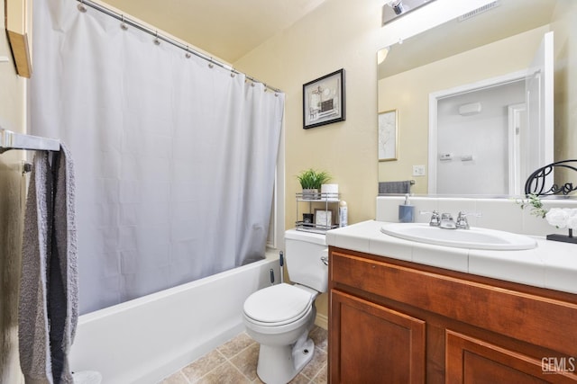 full bathroom with vanity, tile patterned flooring, toilet, and shower / bathtub combination with curtain