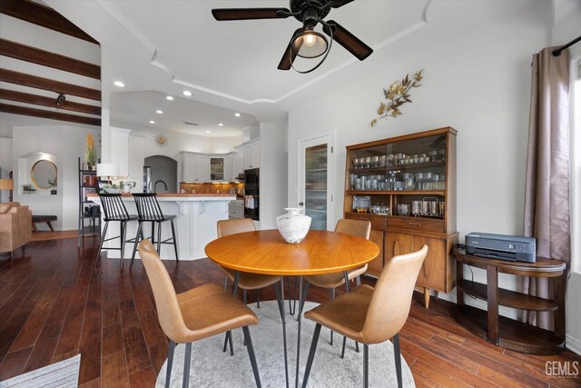 dining space featuring recessed lighting, a ceiling fan, and wood finished floors