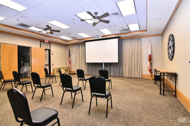 5712 Wisteria Valley Rd, Bakersfield, CA 93306 - carpeted home theater with ceiling fan, a raised ceiling, baseboards, and a drop ceiling