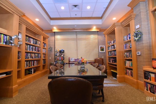 5712 Wisteria Valley Rd, Bakersfield, CA 93306 - carpeted office space featuring wall of books, a raised ceiling, built in features, and recessed lighting
