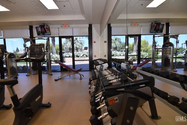 5712 Wisteria Valley Rd, Bakersfield, CA 93306 - gym featuring a paneled ceiling, french doors, and a tray ceiling